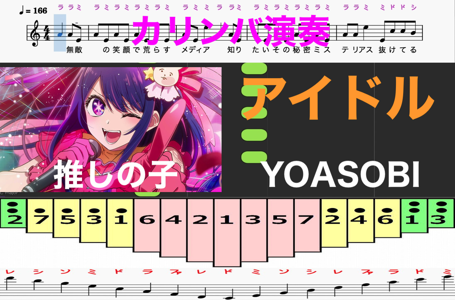 アイドル 推しの子 カリンバ演奏 YOASOBI カリンバ楽譜 歌詞 ドレミ